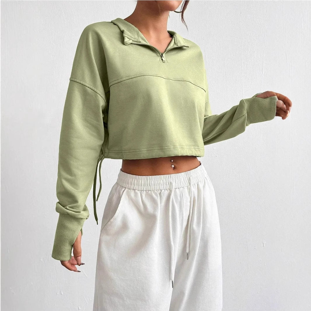 Women's Cropped Sweatshirt with Zip Neck and Balloon Sleeves