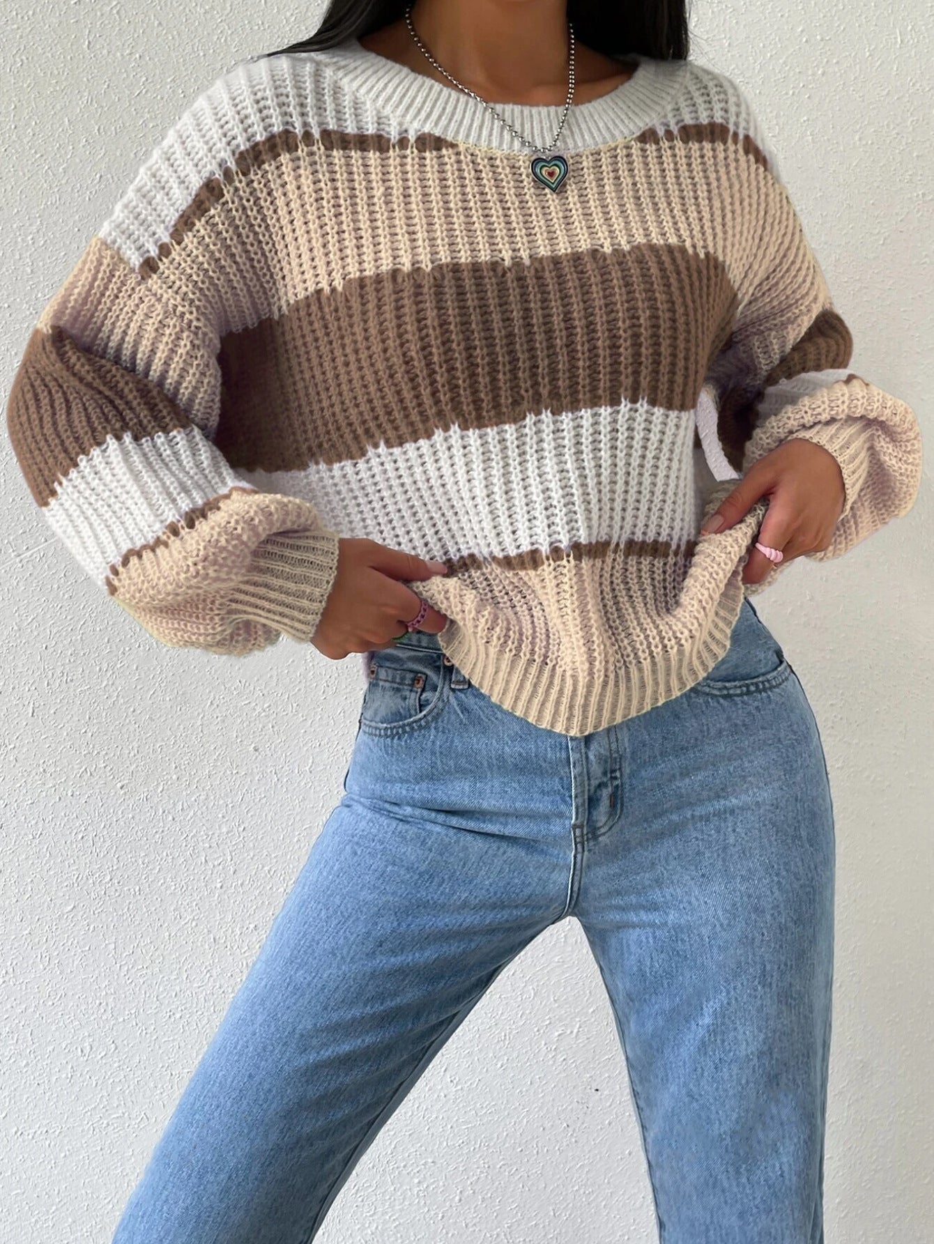 Women's Striped Knit Sweater with Crew Neck and Long Sleeves