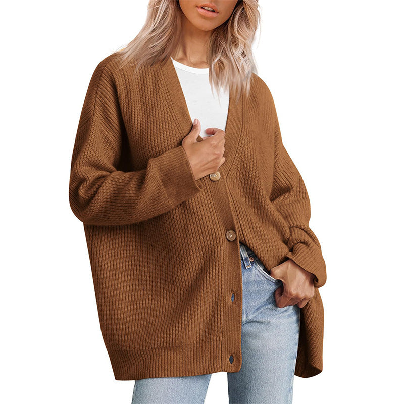 Women's Striped Knit Cardigan with Button-Up Closure in Relaxed Fit