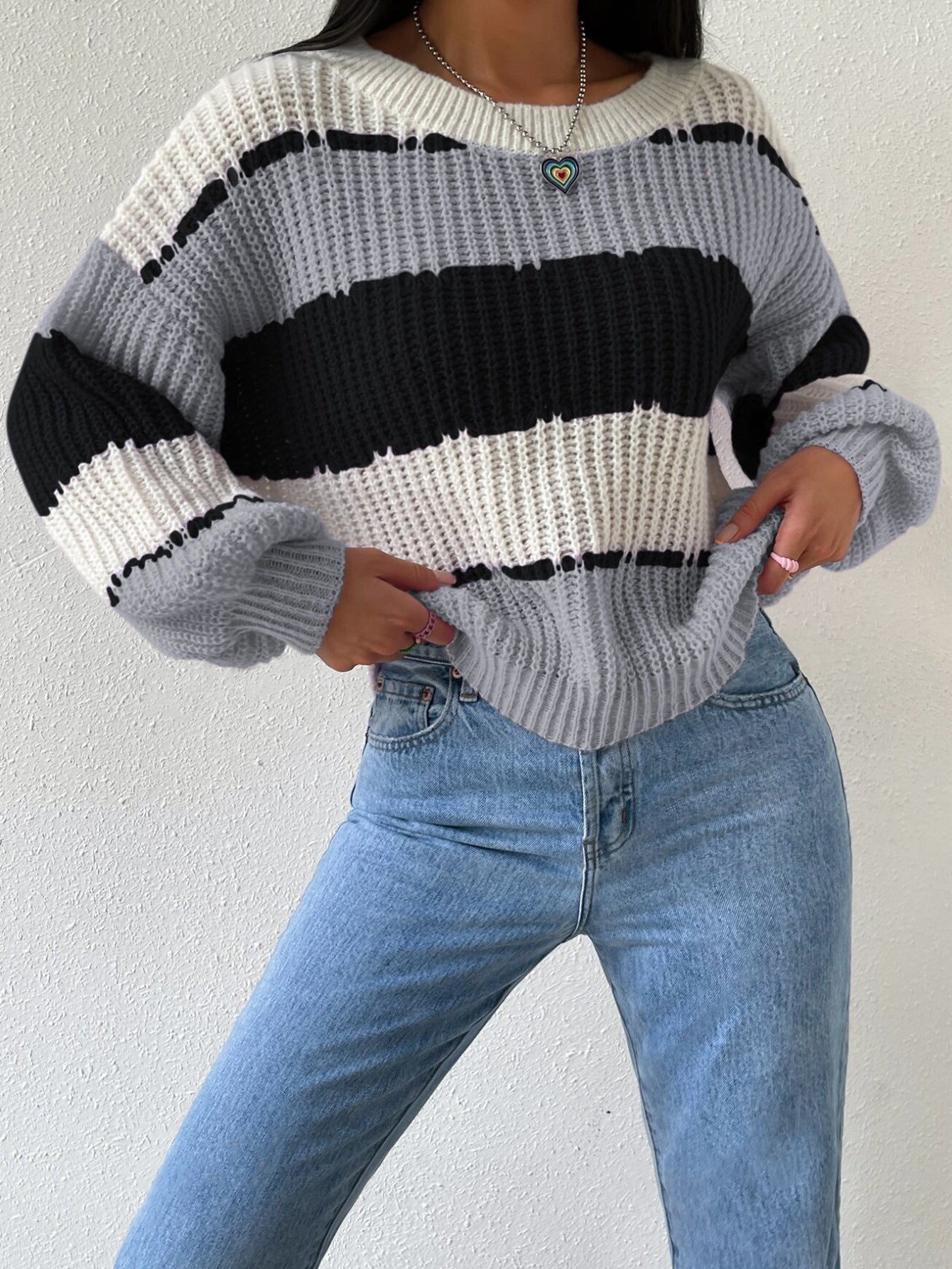 Women's Striped Knit Sweater with Crew Neck and Long Sleeves