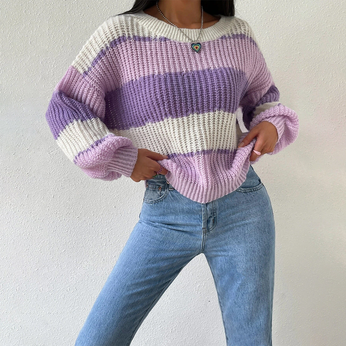 Women's Striped Knit Sweater with Crew Neck and Long Sleeves
