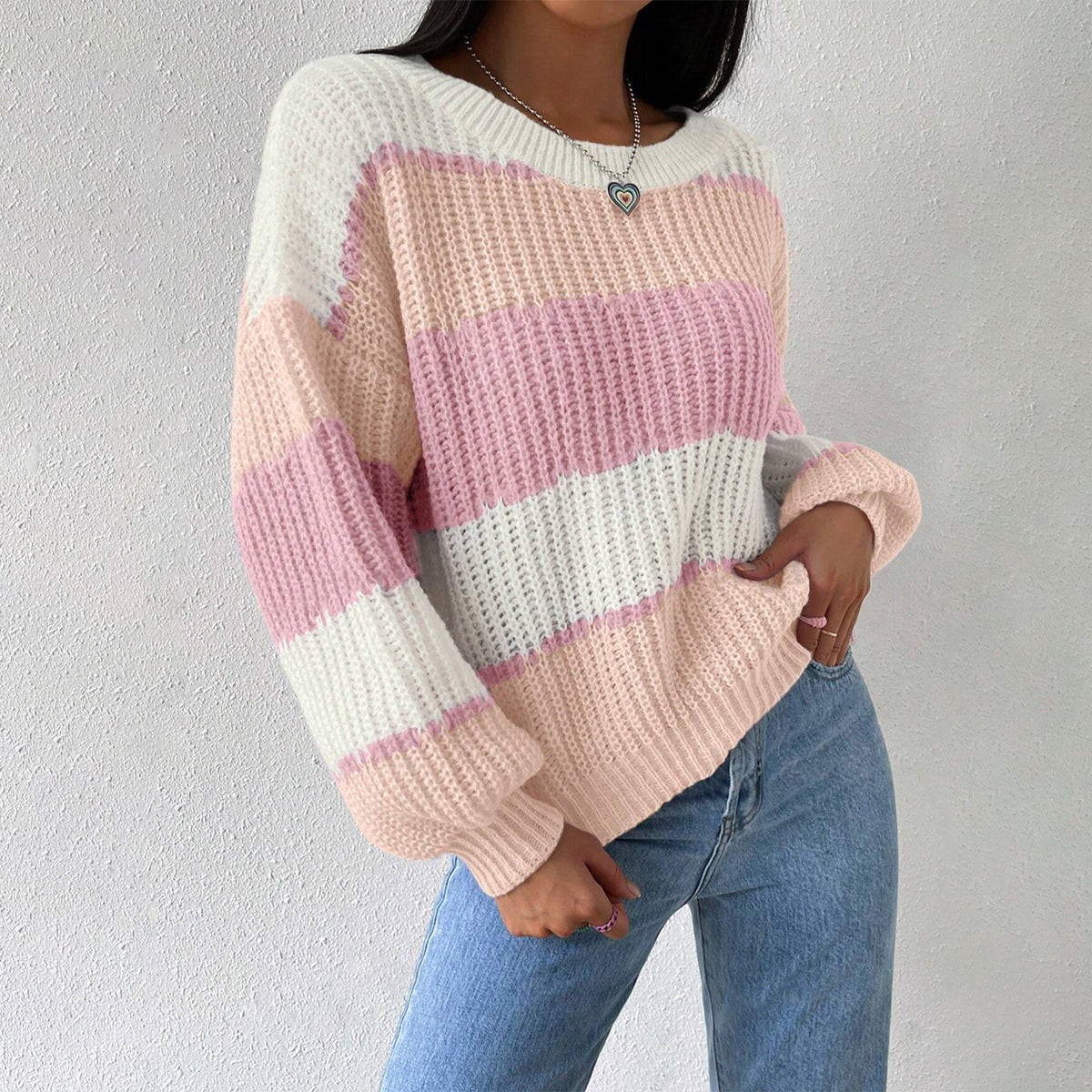Women's Striped Knit Sweater with Crew Neck and Long Sleeves