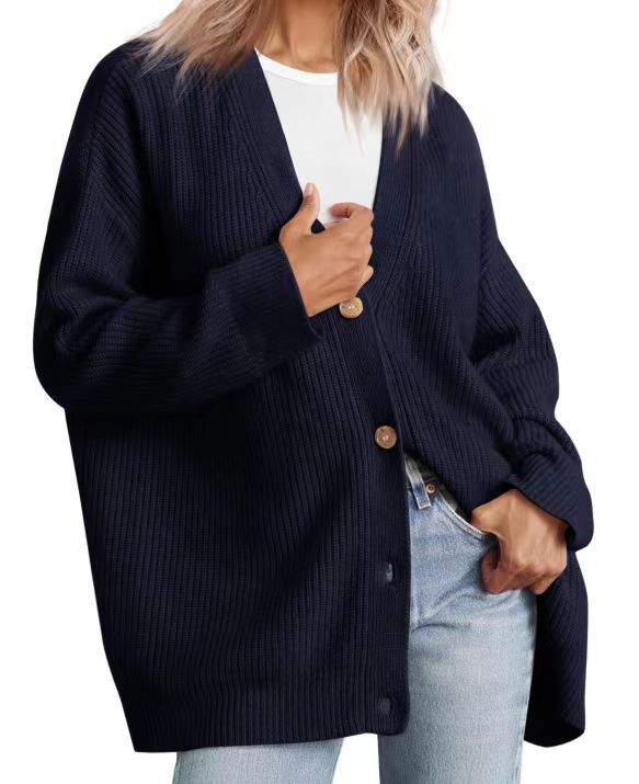 Women's Striped Knit Cardigan with Button-Up Closure in Relaxed Fit