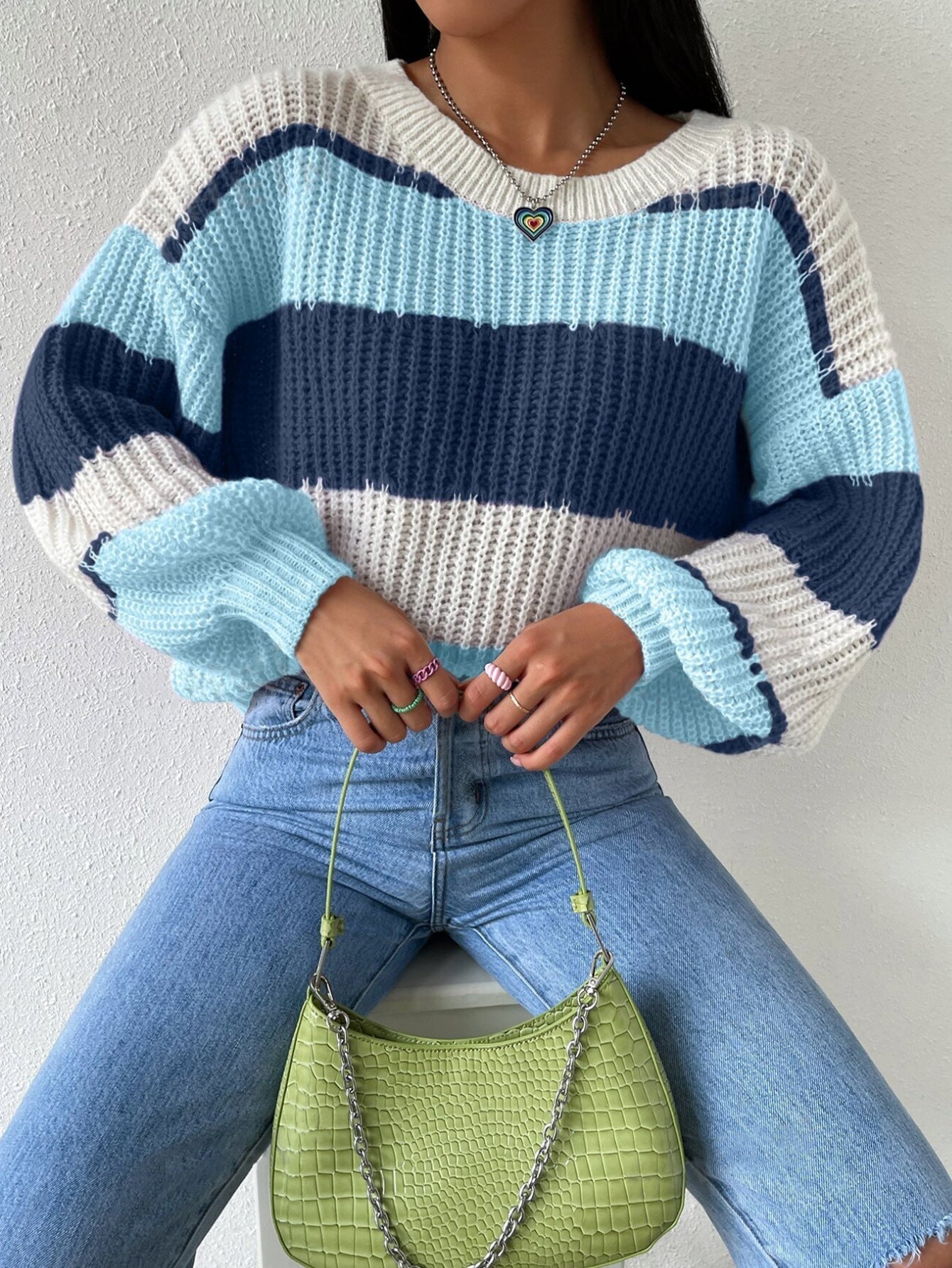 Women's Striped Knit Sweater with Crew Neck and Long Sleeves