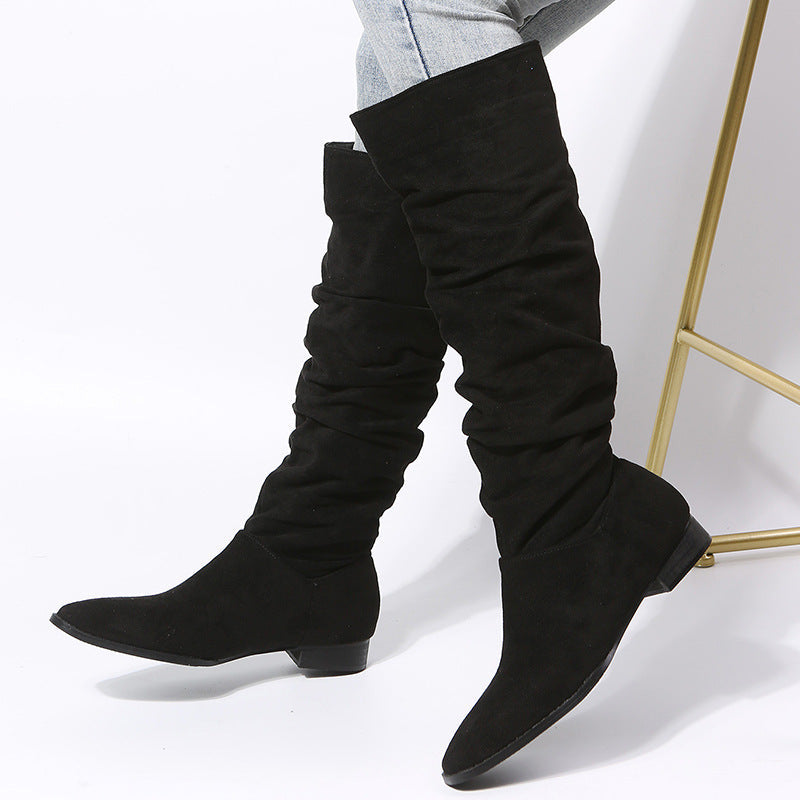 Women's Knee-High Boots with Pointed Toe and Flat Sole