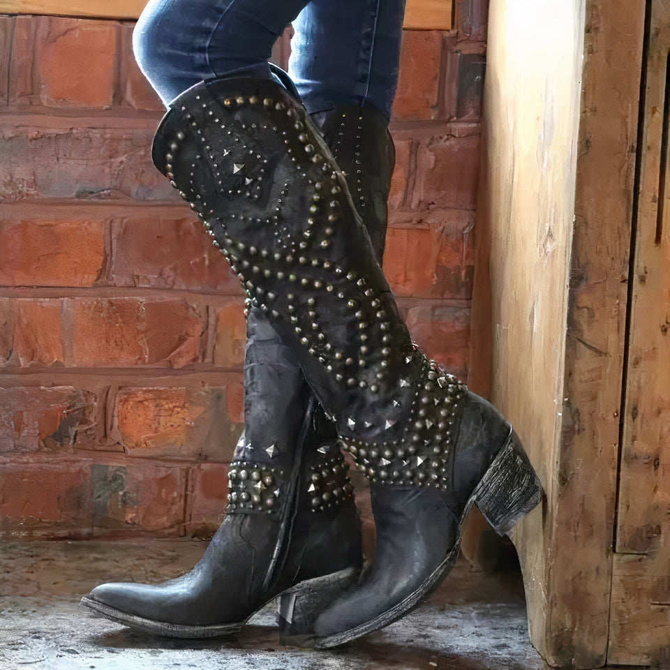 Women's Knee-High Cowboy Boots featuring Rivet Details, Chunky Heel, and Side Zipper