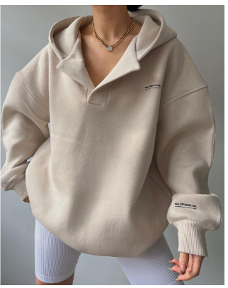 Women's Relaxed Fit Pullover Hoodie with Open V-Neck Design