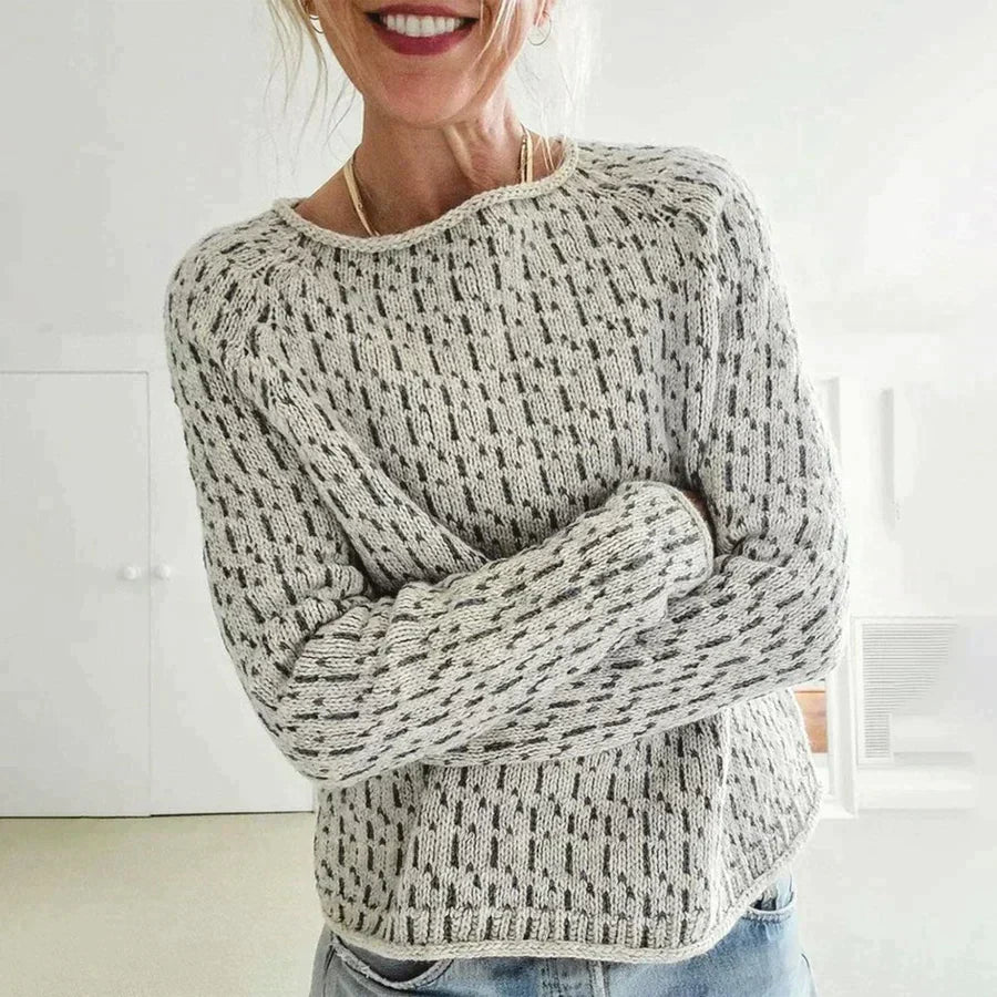 Women's Textured Knit Sweater with Round Neck and Ribbed Hem and Cuffs