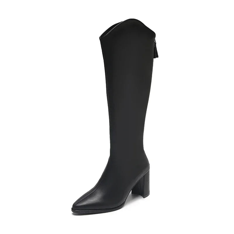 Women's Knee-High Boots with Side Zipper and Chunky Heel