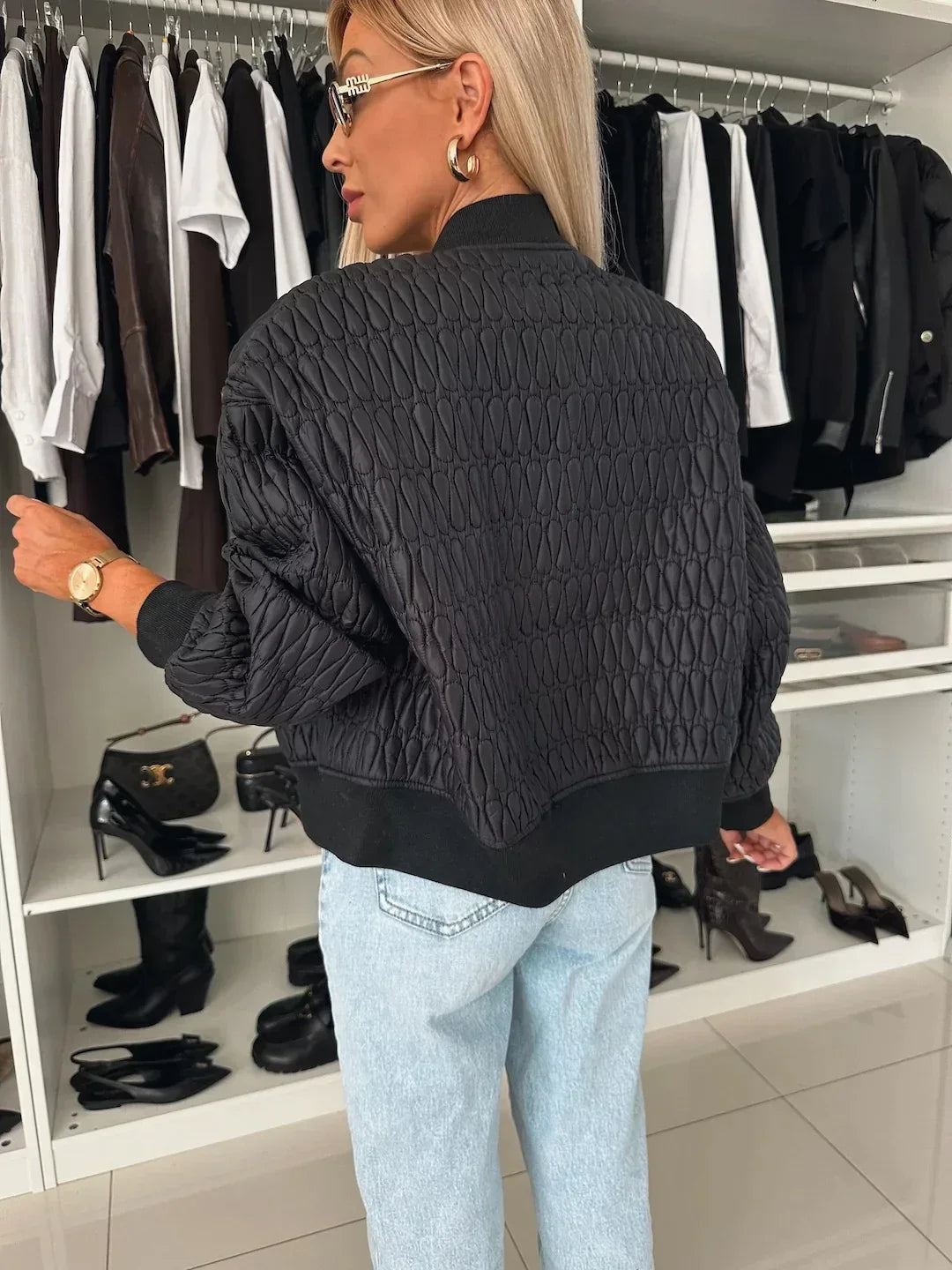 Women's Quilted Bomber Jacket with Zip Front and Ribbed Accents