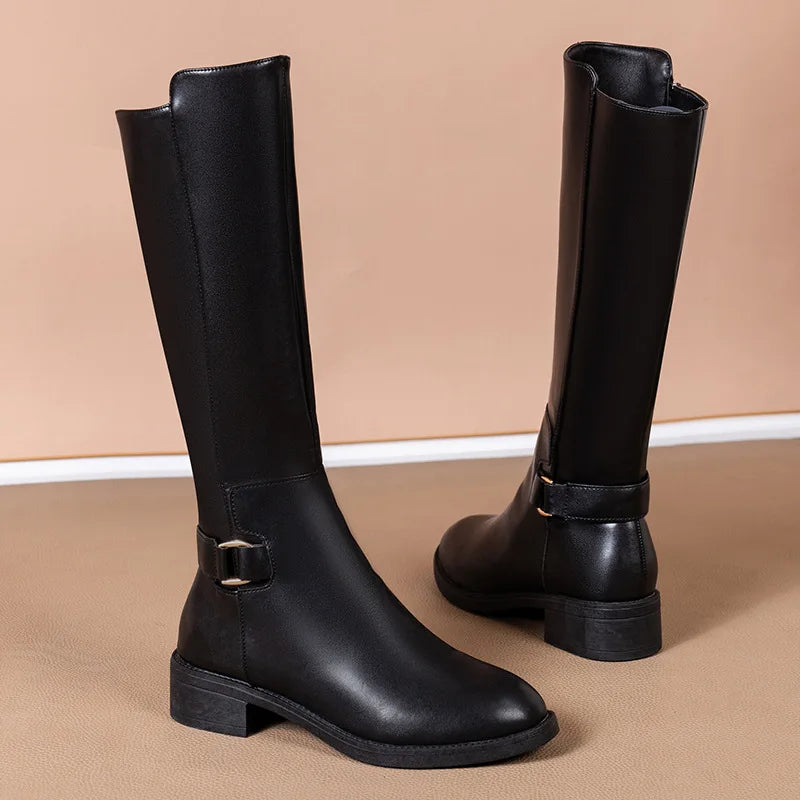 Women's Black Knee-High Boots with Metal Buckle and Side Zip Closure