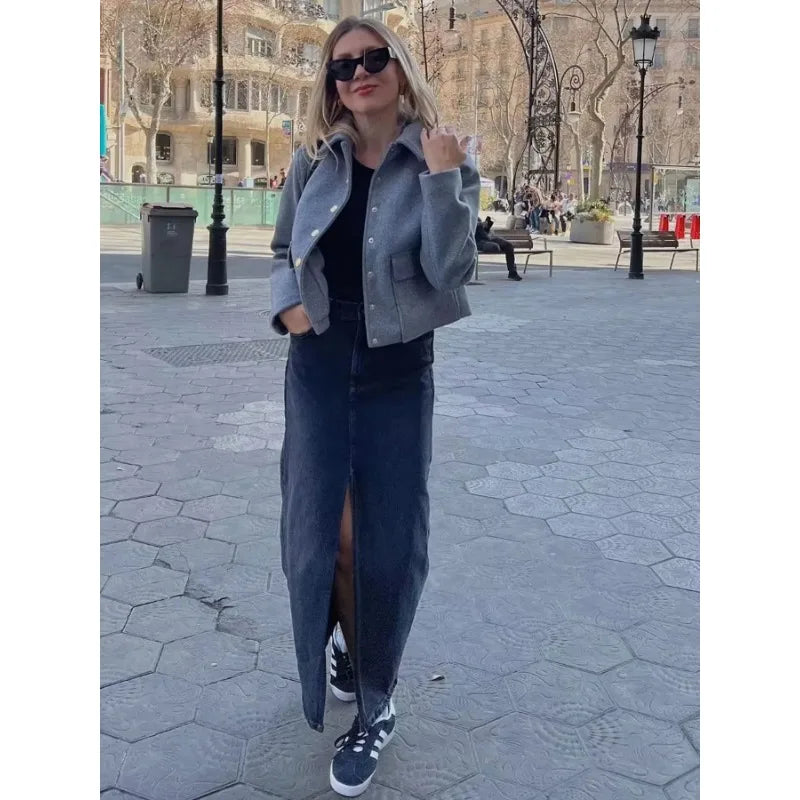Women's Cropped Aviator Bomber Jacket with Button Closure and Pockets