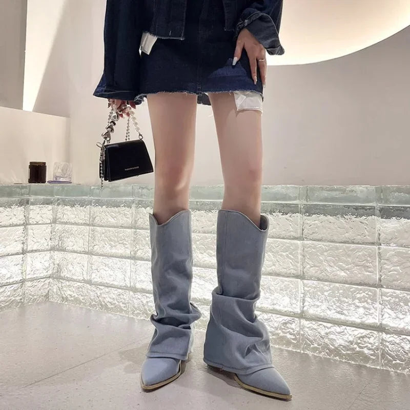 Women's Knee-High Western Boots with Pleated Design, Pointed Toe, and Heels