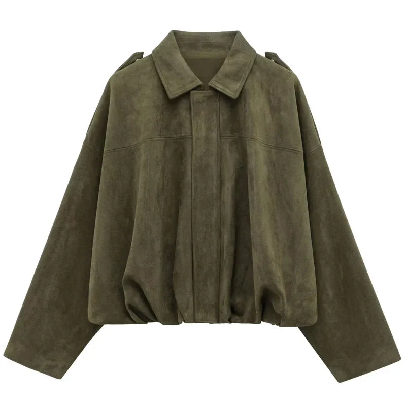 Womens Cropped Bomber Jacket with Lapel Collar and Zip Closure