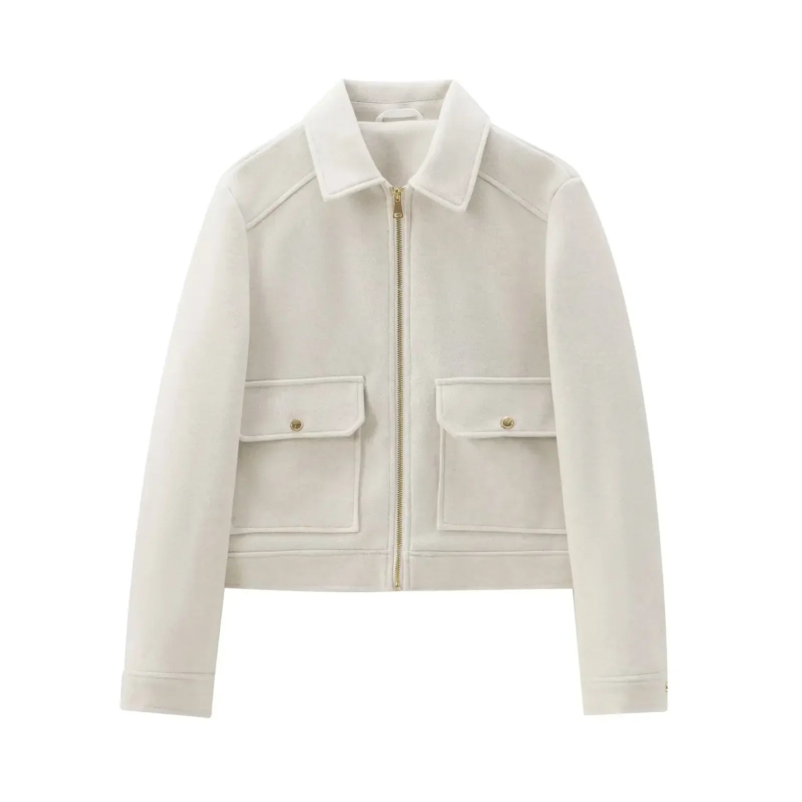 Women's Zip-Up Bomber Jacket with Short Lapels and Flap Pockets