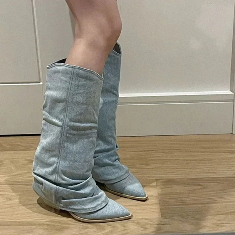Women's Knee-High Western Boots with Pleated Design, Pointed Toe, and Heels