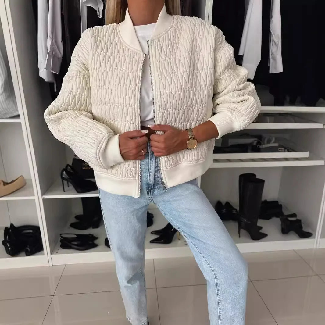 Women's Quilted Bomber Jacket with Zip Front and Ribbed Accents