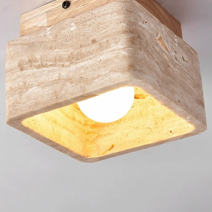 Delona - Lampada da soffitto LED quadrata in Travertino e Legno Naturale