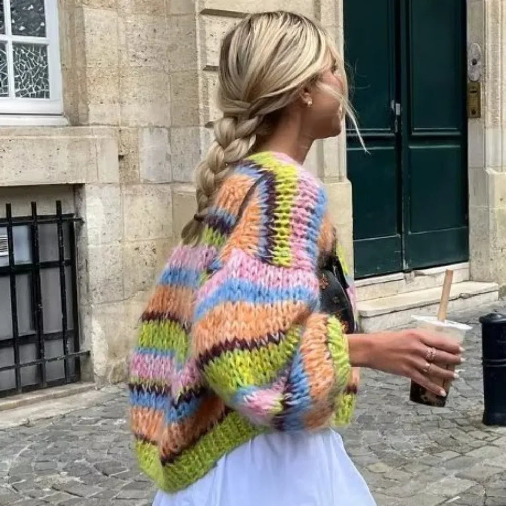 Vibrant Color Chunky Knit Cardigan for Women with Open Front Design