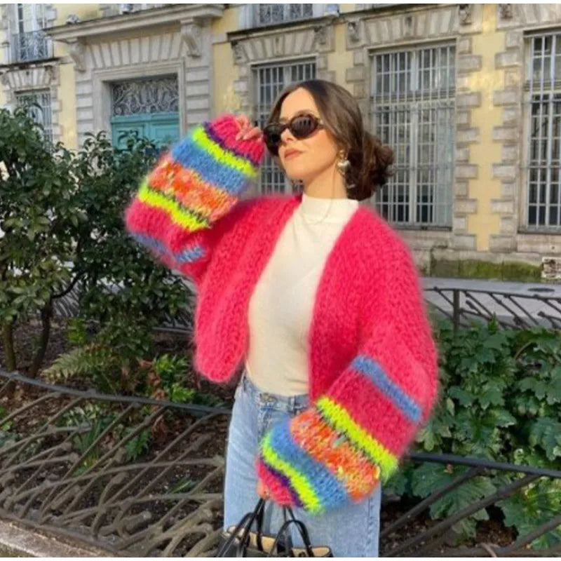 Vibrant Color Chunky Knit Cardigan for Women with Open Front Design