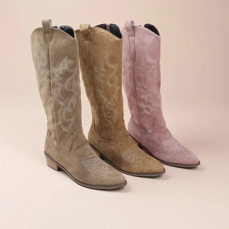 Chunky-Heeled Knee-High Cowboy Boots for Women with Embroidery
