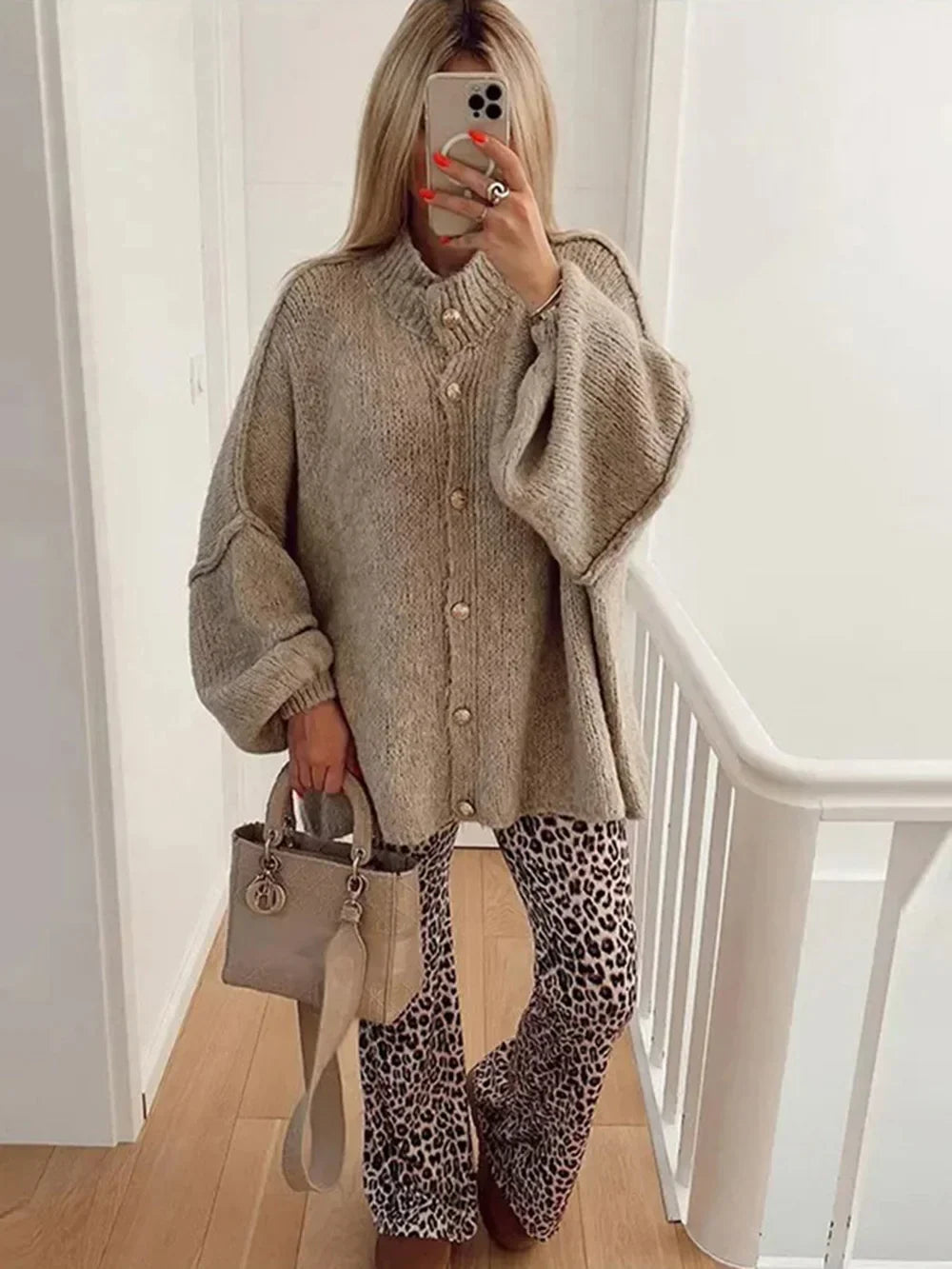 Womens Bat Sleeve Cardigan with Lapel and Metal Button Details