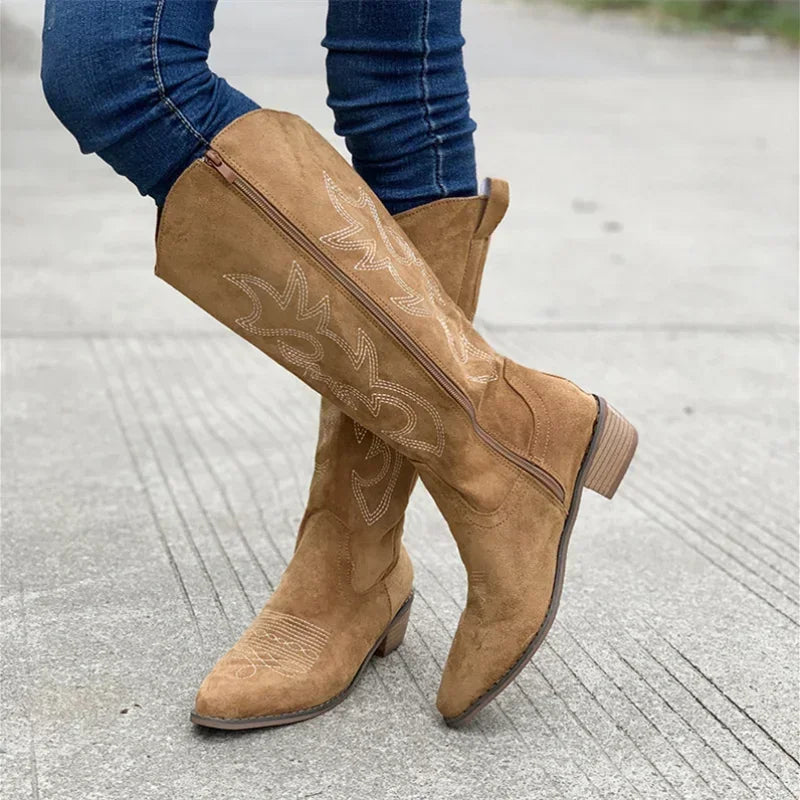 Chunky-Heeled Knee-High Cowboy Boots for Women with Embroidery