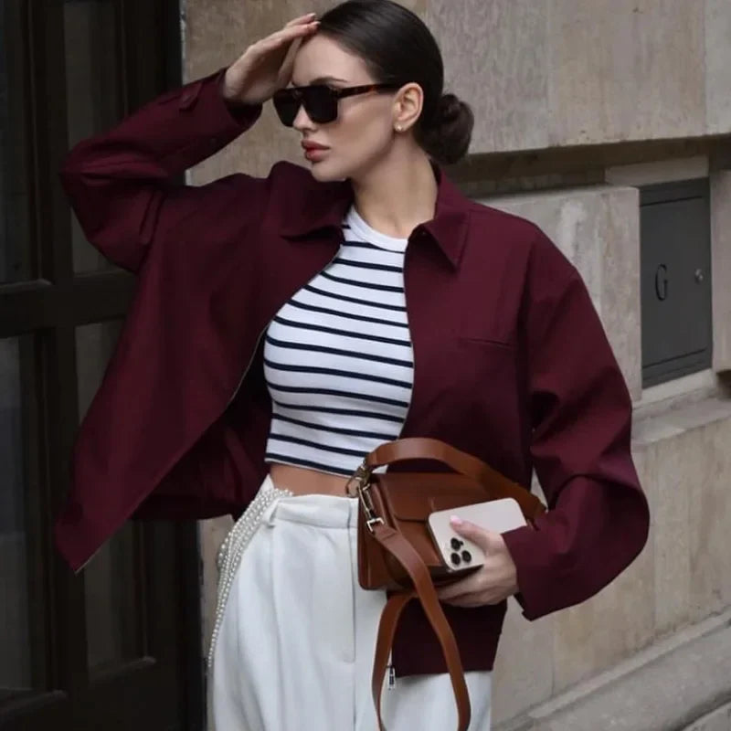 Contemporary Tailored Long Sleeve Cropped Bomber Jacket for Women