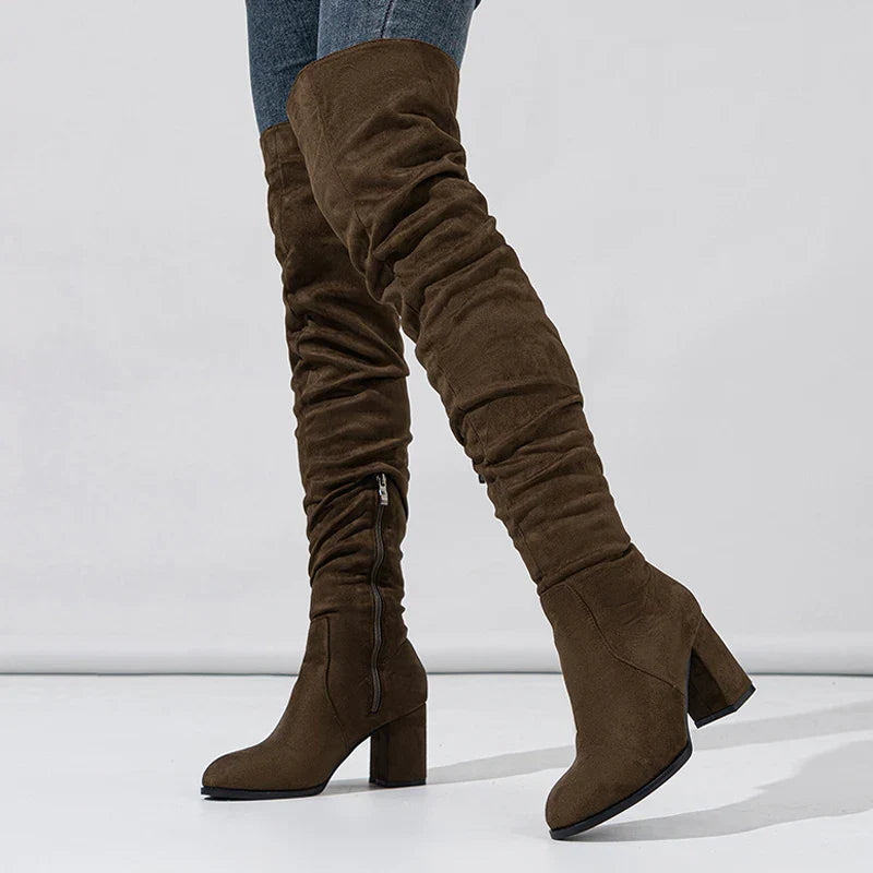 Women's Knee-High Boots with Pointed Toe and Slouchy Block Heel