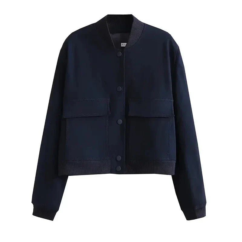 Women's Cropped Bomber Jacket Featuring Baseball Collar and Snap Fasteners