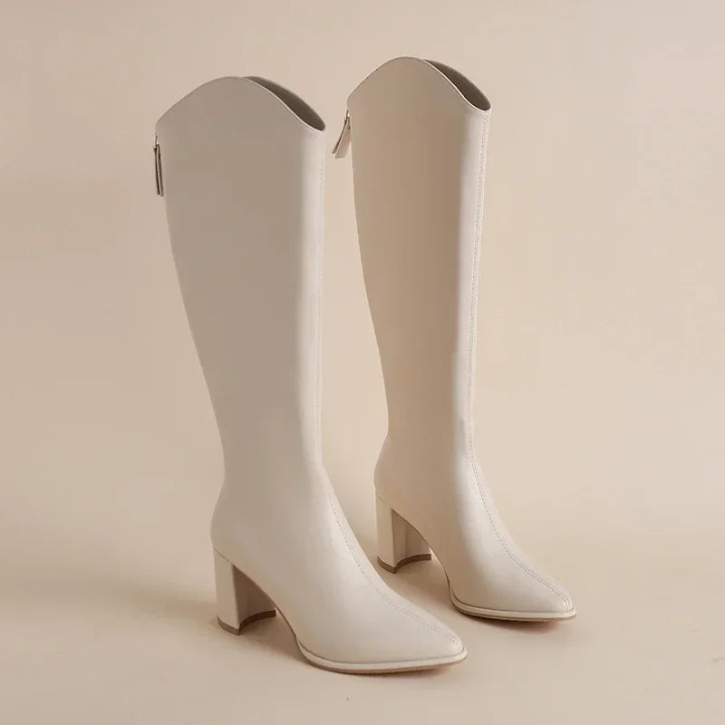 Women's Knee-High Boots with Side Zipper and Chunky Heel