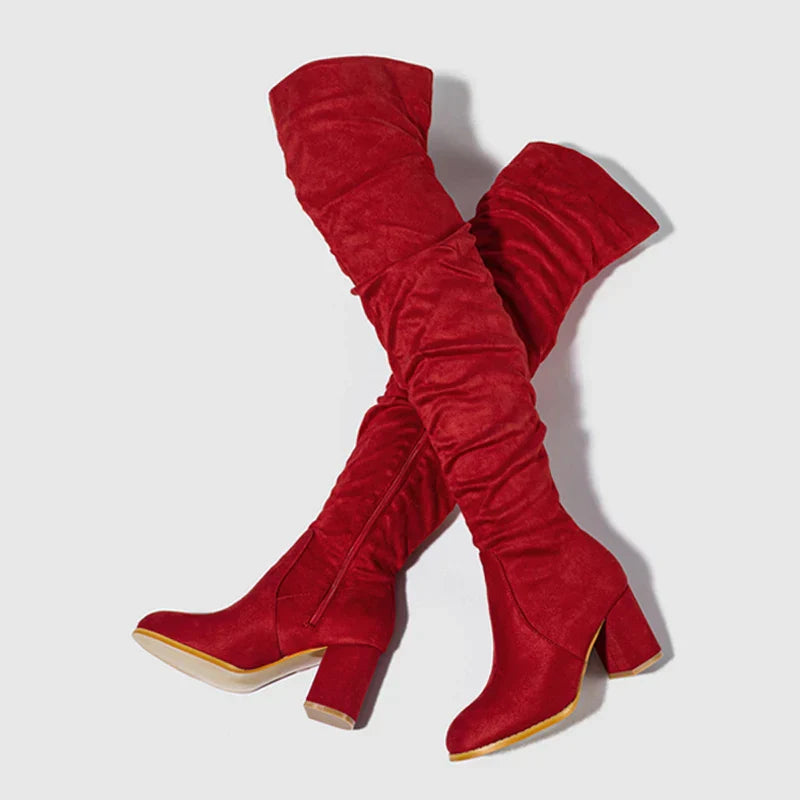 Women's Knee-High Boots with Pointed Toe and Slouchy Block Heel