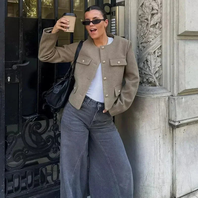 Women's Cropped Bomber Jacket with Long Sleeves and Round Neck