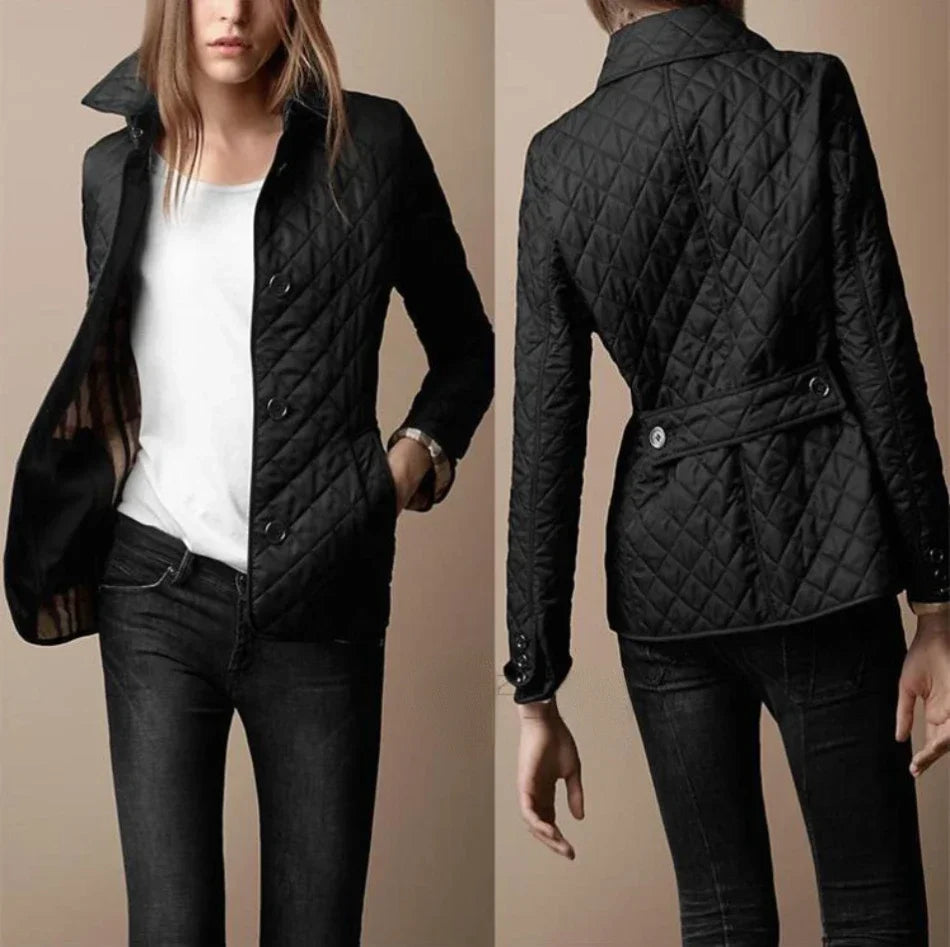 Women's Quilted Bomber Jacket Featuring Button Closure and Convertible Cuffs