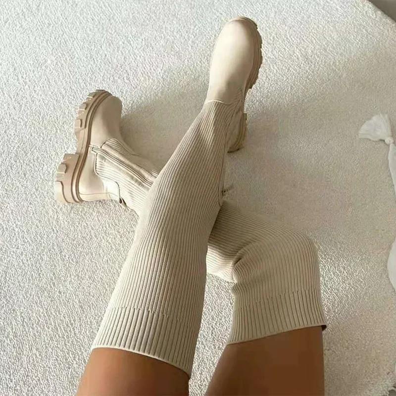Women's Knee-High Stretch Fit Boots with Chunky Lug Sole and Side Zipper