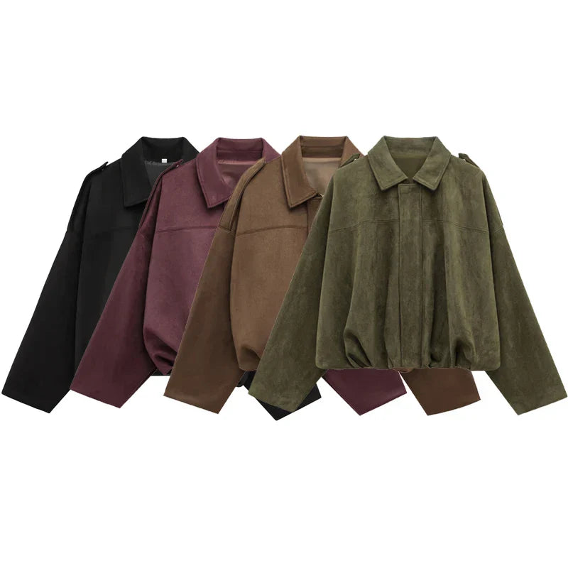Womens Cropped Bomber Jacket with Lapel Collar and Zip Closure
