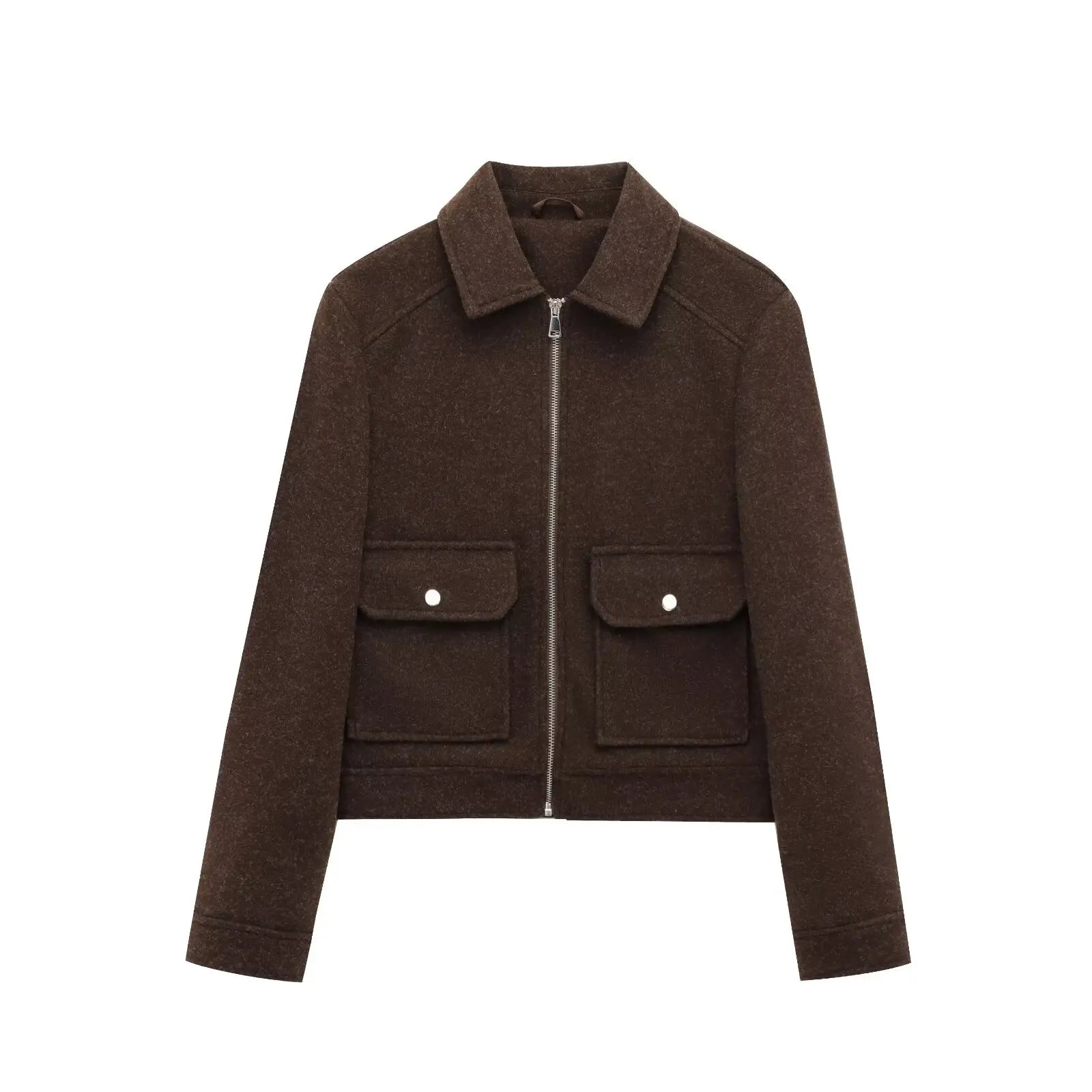 Women's Zip-Up Bomber Jacket with Short Lapels and Flap Pockets