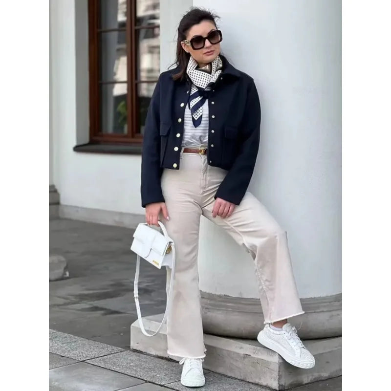 Women's Cropped Aviator Bomber Jacket with Button Closure and Pockets