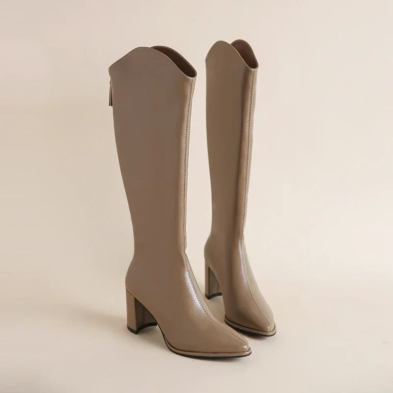 Women's Knee-High Boots with Side Zipper and Chunky Heel