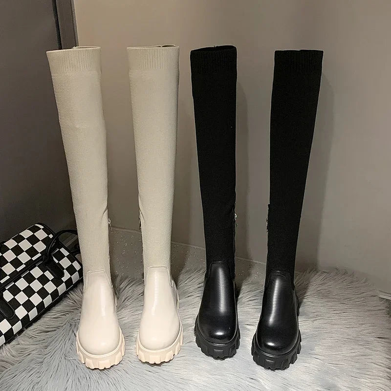 Women's Knee-High Stretch Fit Boots with Chunky Lug Sole and Side Zipper