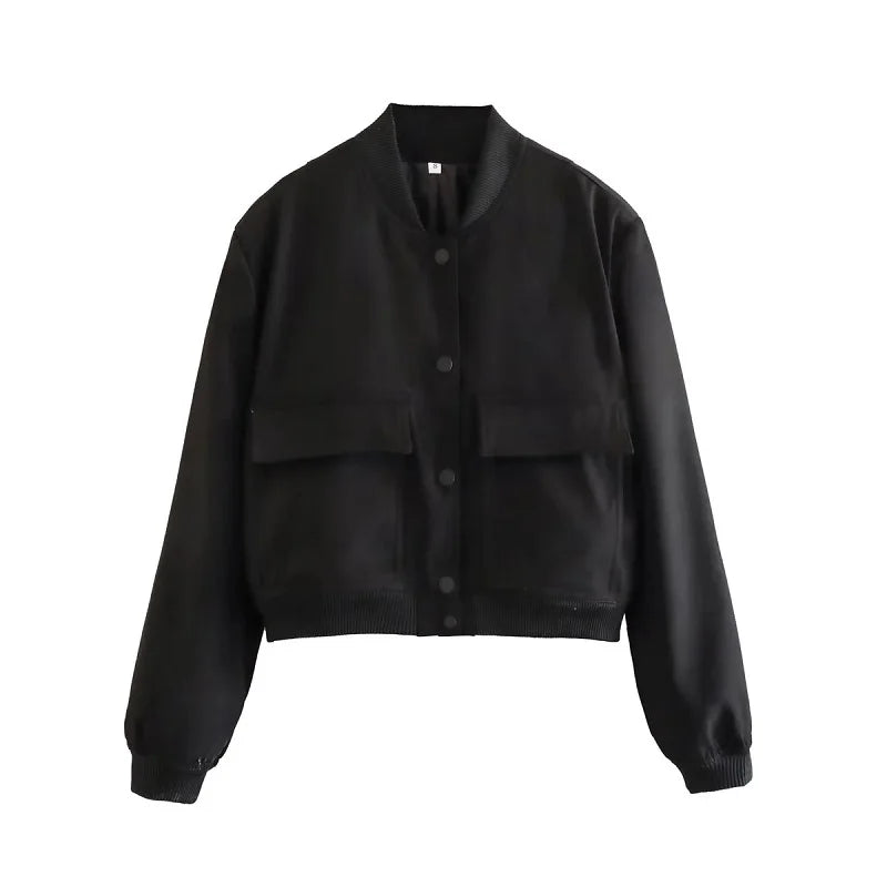 Women's Cropped Bomber Jacket with Snap Buttons and Functional Pockets