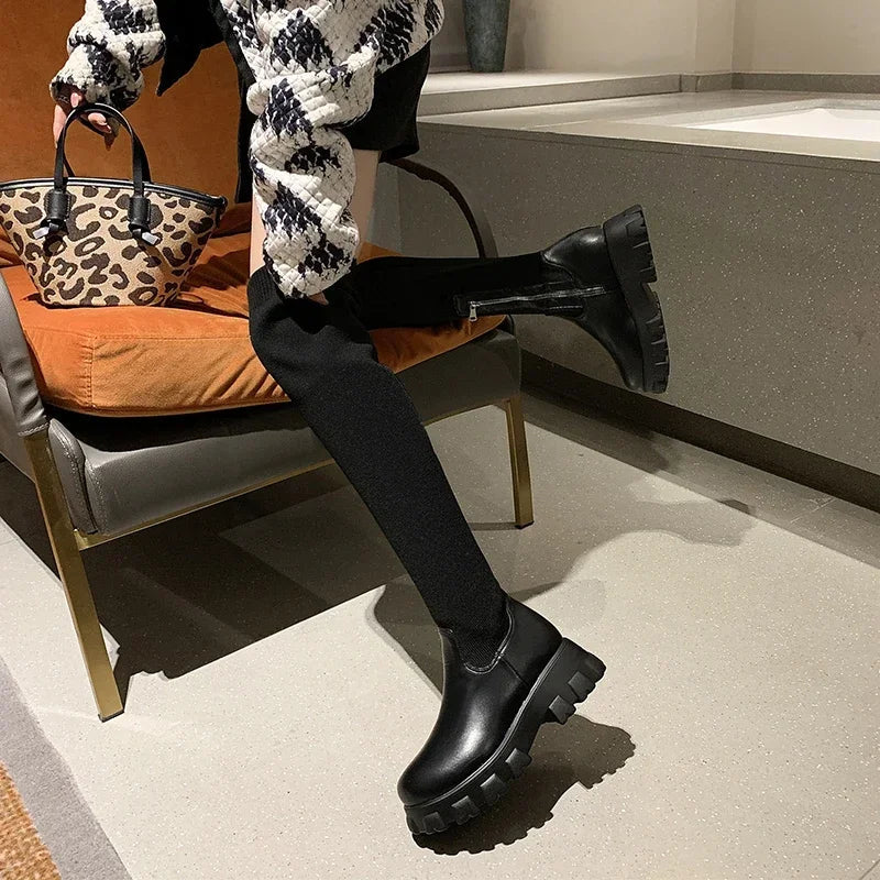 Women's Knee-High Stretch Fit Boots with Chunky Lug Sole and Side Zipper