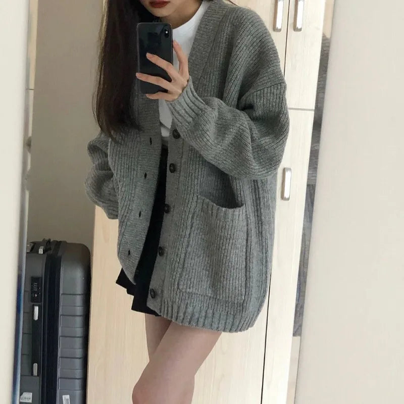 Women's Relaxed Ribbed Cardigan with Drop Shoulders and Button Accents