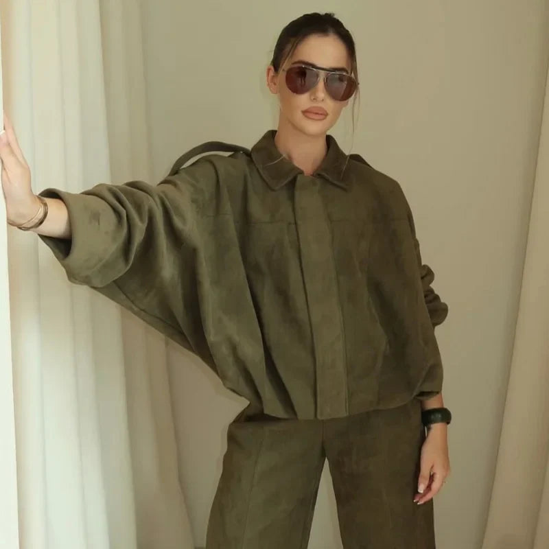 Womens Cropped Bomber Jacket with Lapel Collar and Zip Closure