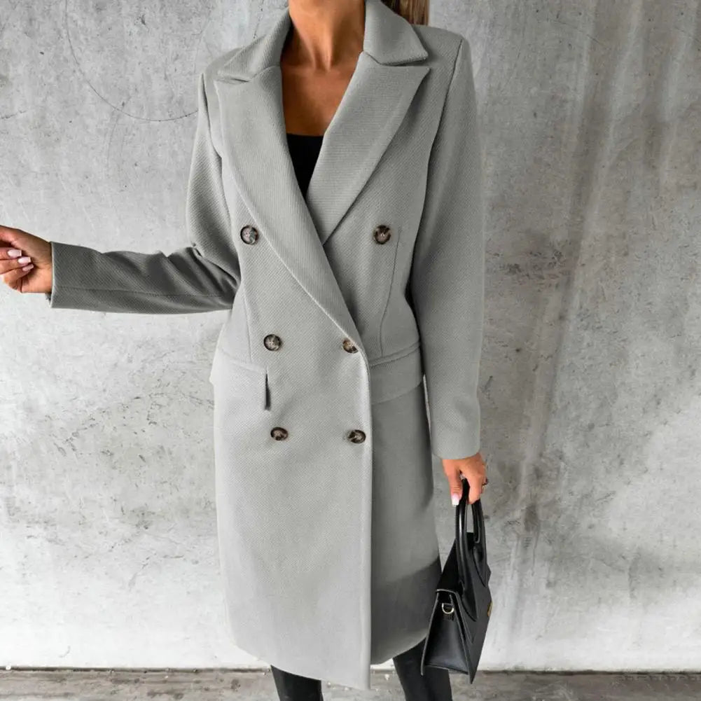 Women's Long Double-Breasted Trench Coat with Buttoned Cuffs