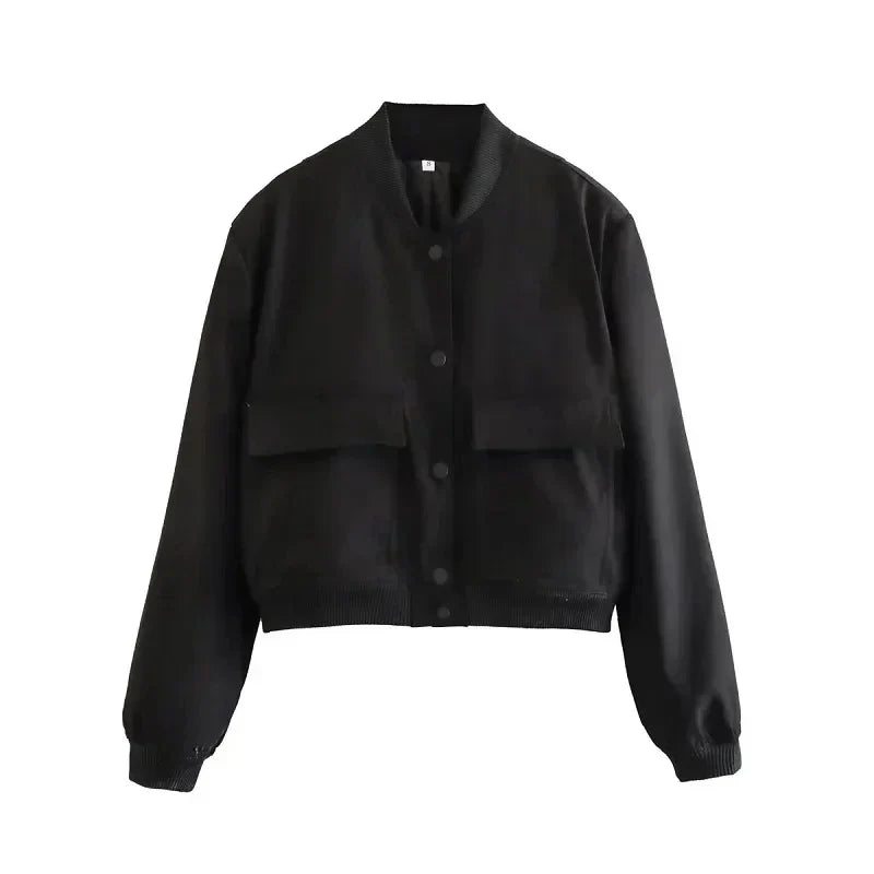 Women's Cropped Bomber Jacket Featuring Baseball Collar and Snap Fasteners