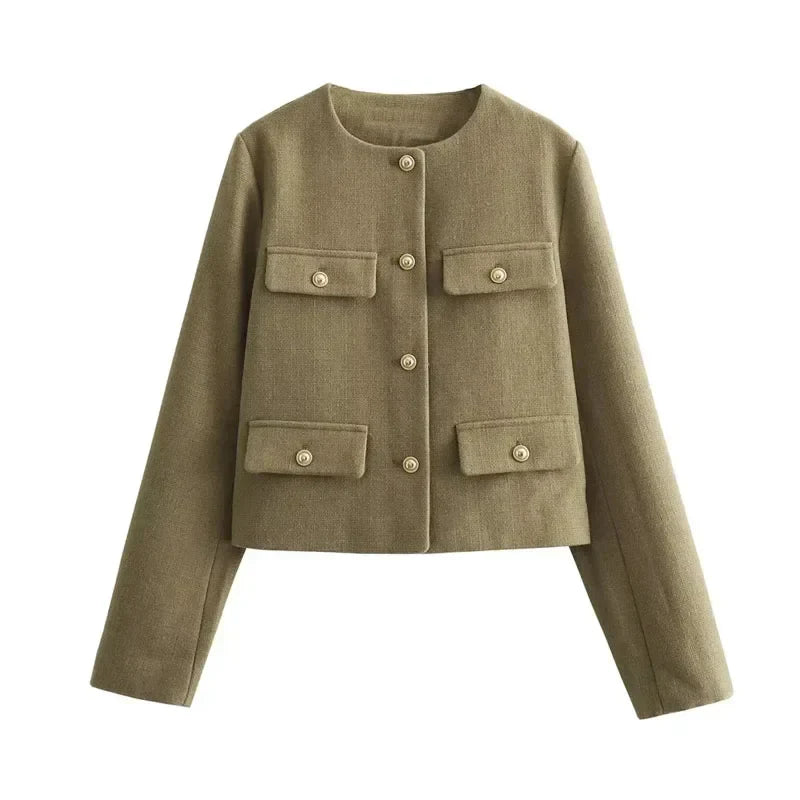 Women's Cropped Bomber Jacket with Long Sleeves and Round Neck