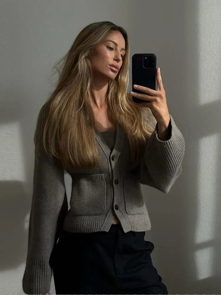 Women's V-Neck Button Cardigan with Ribbed Hem and Patch Pockets