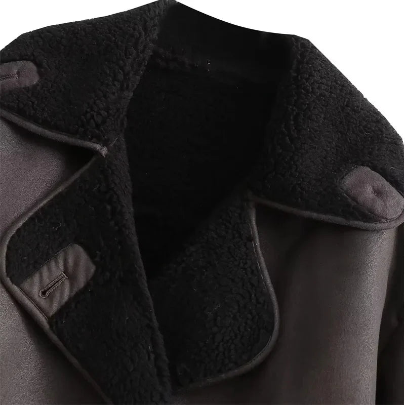 Women's Plush-Lined Leather Winter Jacket with Oversized Collar