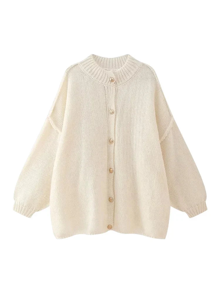 Womens Bat Sleeve Cardigan with Lapel and Metal Button Details